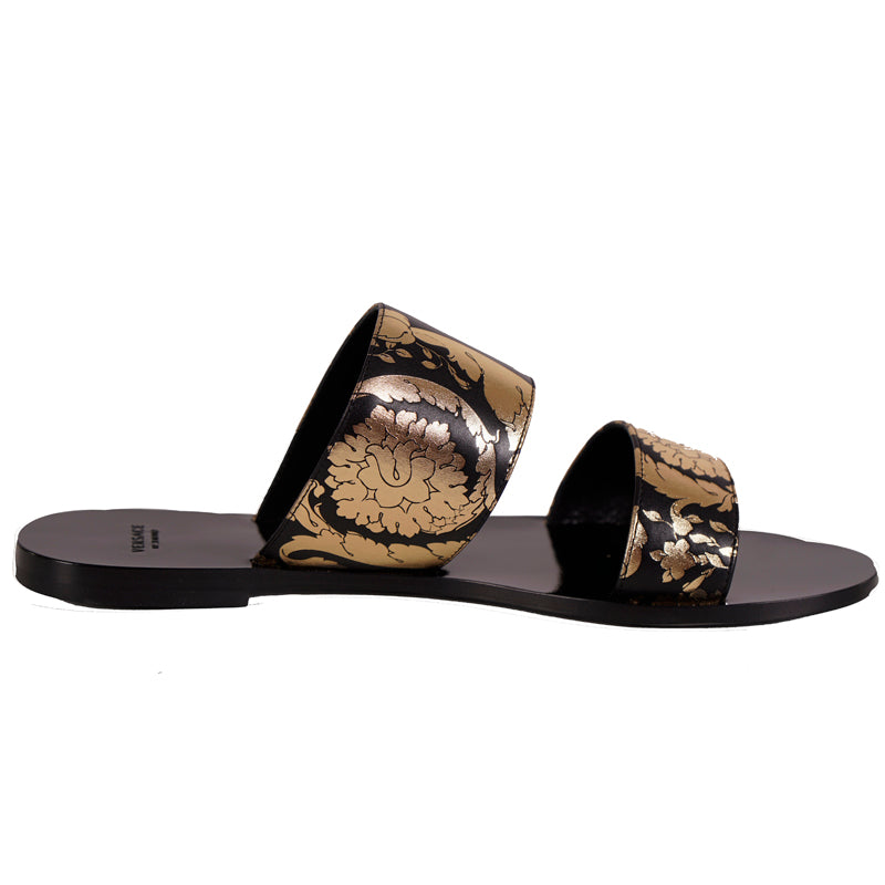 38 NEW $695 VERSACE Black Leather GOLD BAROQUE FLORAL Slide FLATS SANDALS NIB