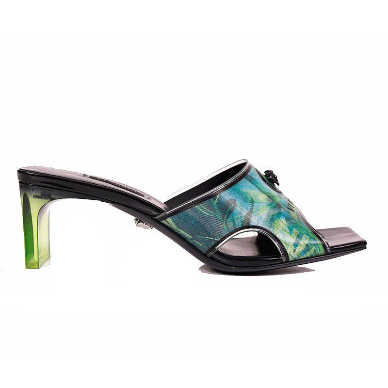 sz 37 NEW $975 VERSACE RUNWAY Green JUNGLE PRINT Medusa Logo SLIDE SANDALS NIB
