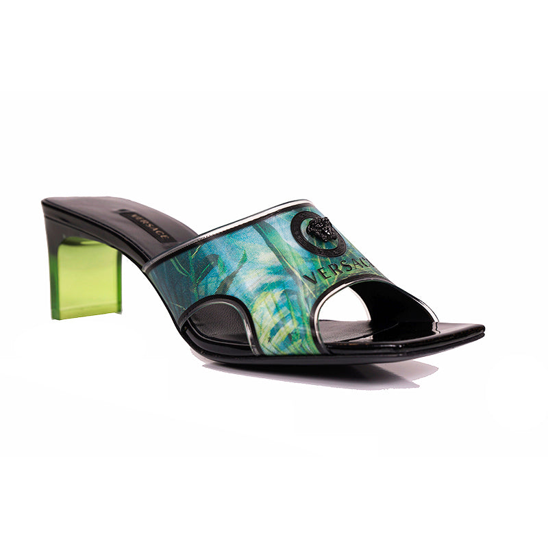 sz 37 NEW $975 VERSACE RUNWAY Green JUNGLE PRINT Medusa Logo SLIDE SANDALS NIB