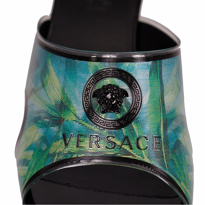 sz 37 NEW $975 VERSACE RUNWAY Green JUNGLE PRINT Medusa Logo SLIDE SANDALS NIB