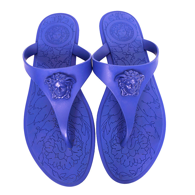 sz 37.5 NEW $350 VERSACE Blue Rubber MEDUSA LOGO Flip Flops Pool JELLY SANDALS