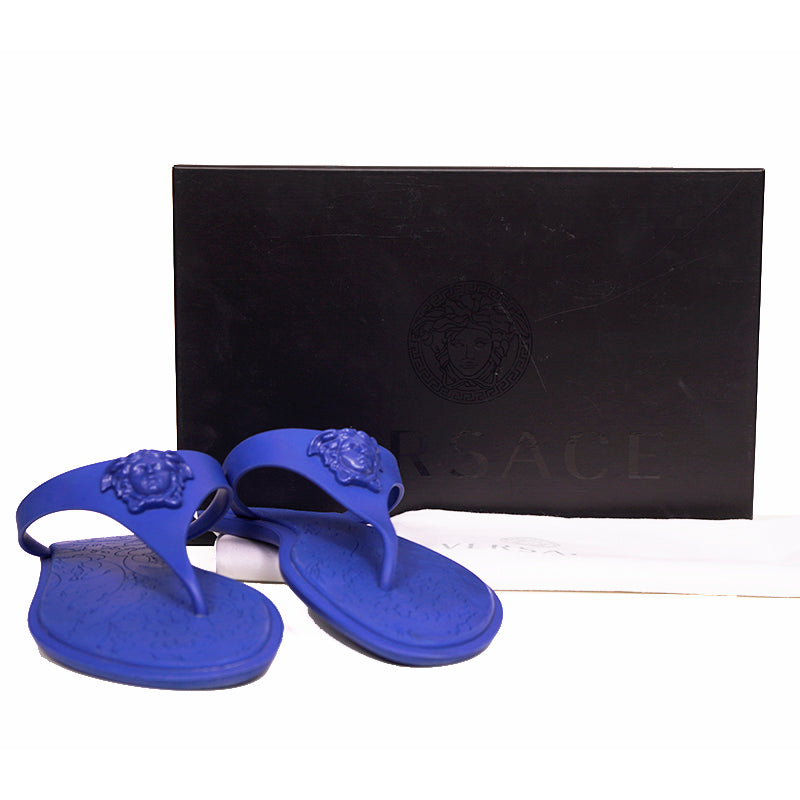 sz 37.5 NEW $350 VERSACE Blue Rubber MEDUSA LOGO Flip Flops Pool JELLY SANDALS
