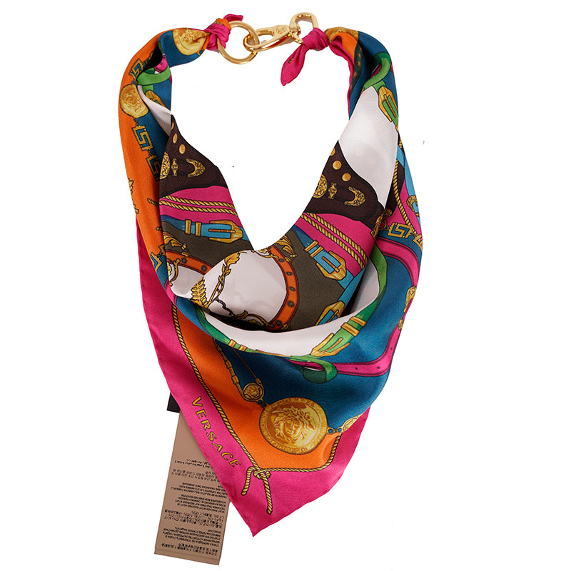 NEW $495 Versace Multicolored BAROCCO Western Print SCARF with Gold Logo Clasp