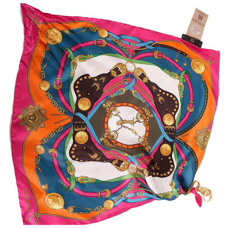 NEW $495 Versace Multicolored BAROCCO Western Print SCARF with Gold Logo Clasp