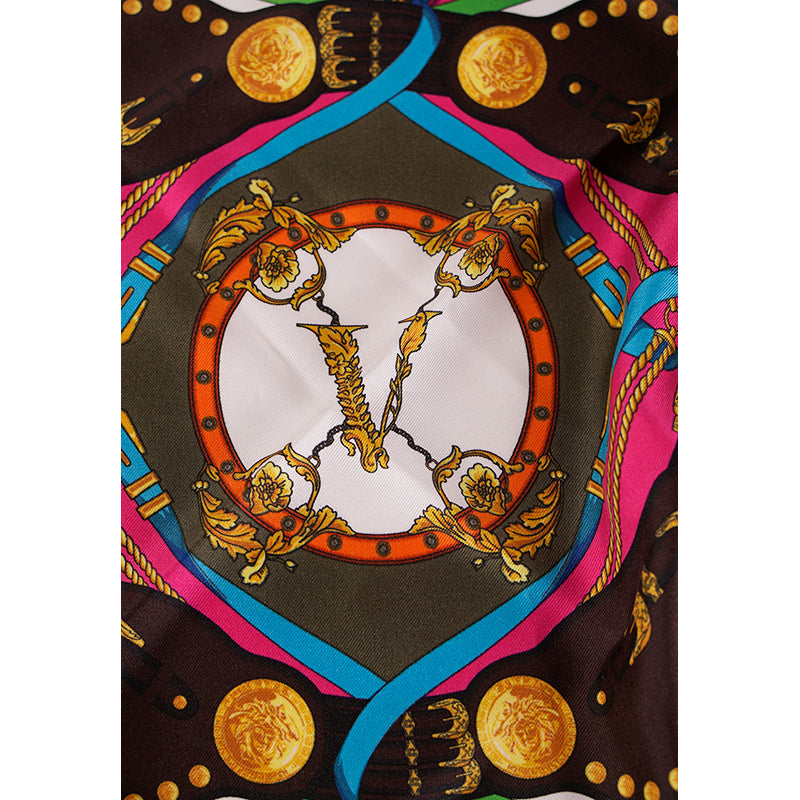 NEW $495 Versace Multicolored BAROCCO Western Print SCARF with Gold Logo Clasp