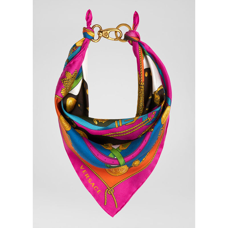 NEW $495 Versace Multicolored BAROCCO Western Print SCARF with Gold Logo Clasp