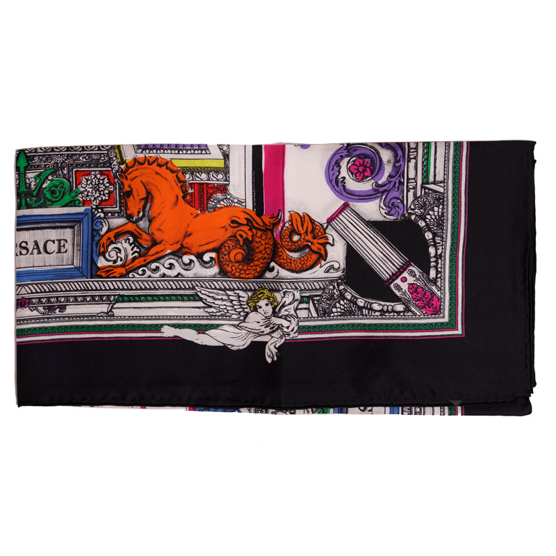 NEW $450 VERSACE White Il Tempio Classic LOGO HORSE PRINT Silk Twill 35" SCARF