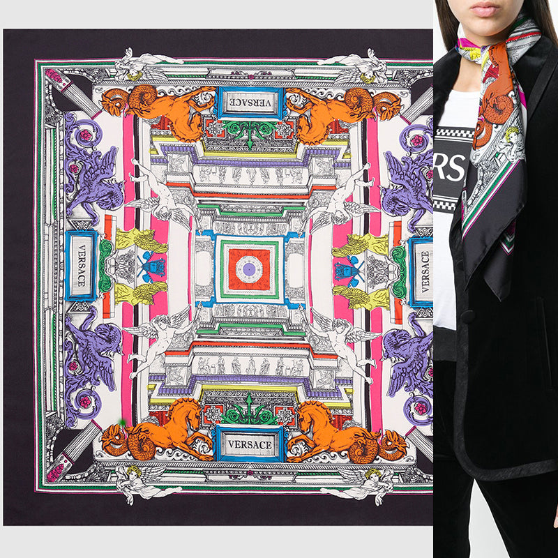 NEW $450 VERSACE White Il Tempio Classic LOGO HORSE PRINT Silk Twill 35" SCARF