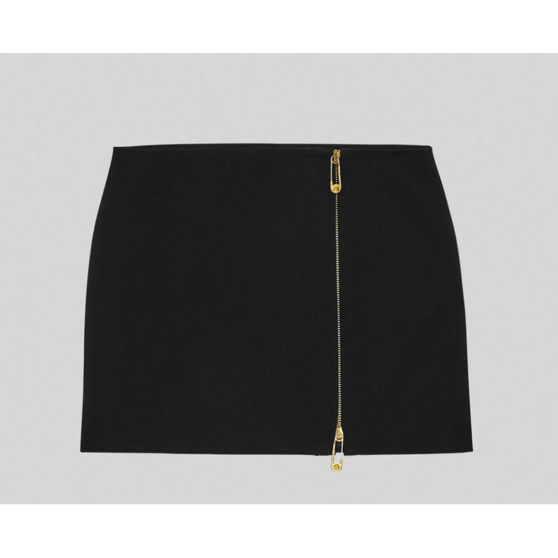 sz 42 NEW $795 VERSACE Black Wool MEDUSA SAFETY PIN LOGO Double Zip Mini SKIRT