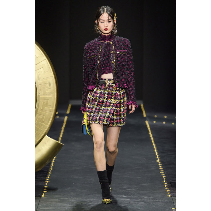 sz 38 NEW $825 VERSACE Red Blue Wool Check RUNWAY TWEED Wrap MEDUSA BUTTON SKIRT