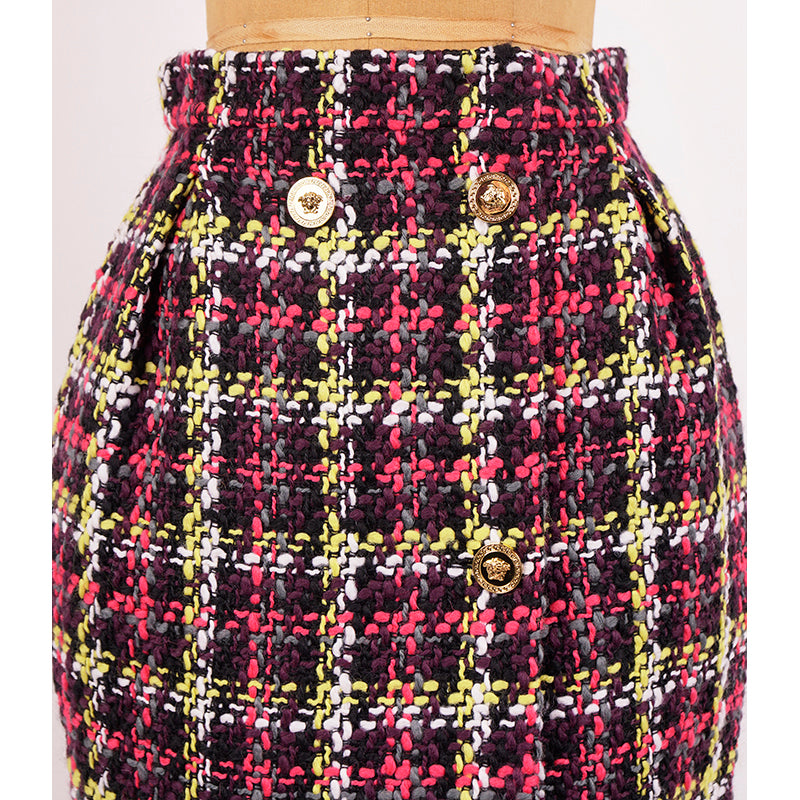 sz 38 NEW $825 VERSACE Red Blue Wool Check RUNWAY TWEED Wrap MEDUSA BUTTON SKIRT
