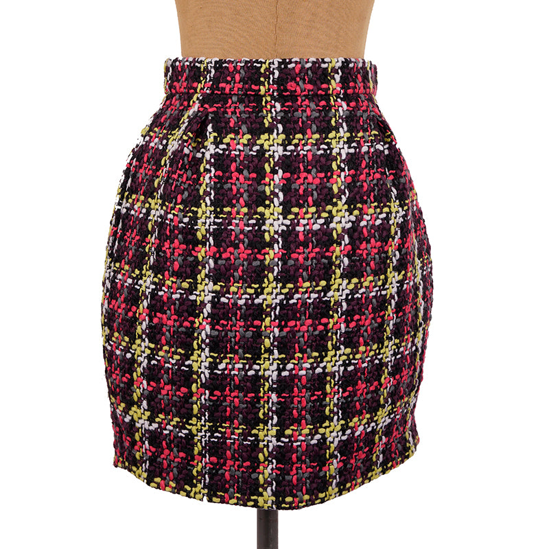 sz 38 NEW $825 VERSACE Red Blue Wool Check RUNWAY TWEED Wrap MEDUSA BUTTON SKIRT