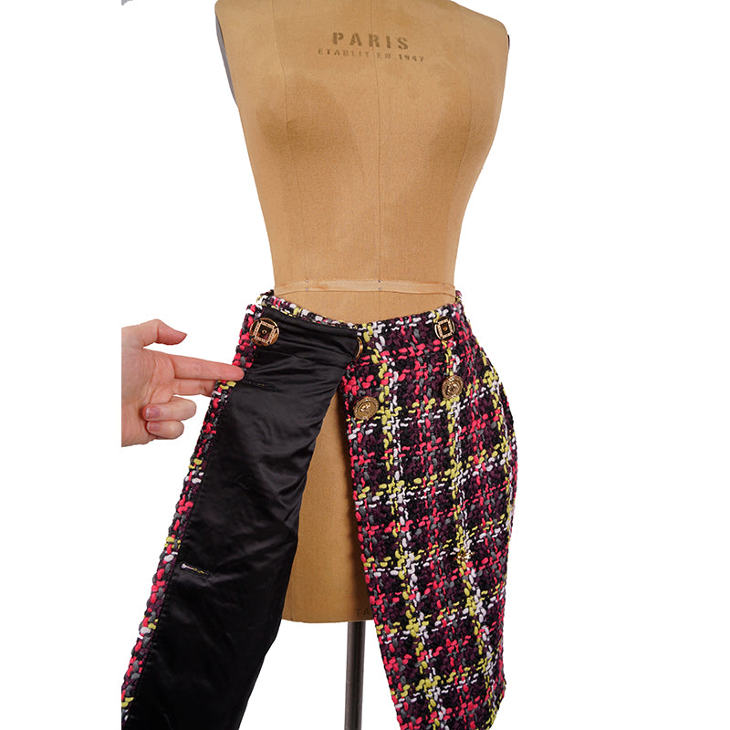 sz 38 NEW $825 VERSACE Red Blue Wool Check RUNWAY TWEED Wrap MEDUSA BUTTON SKIRT