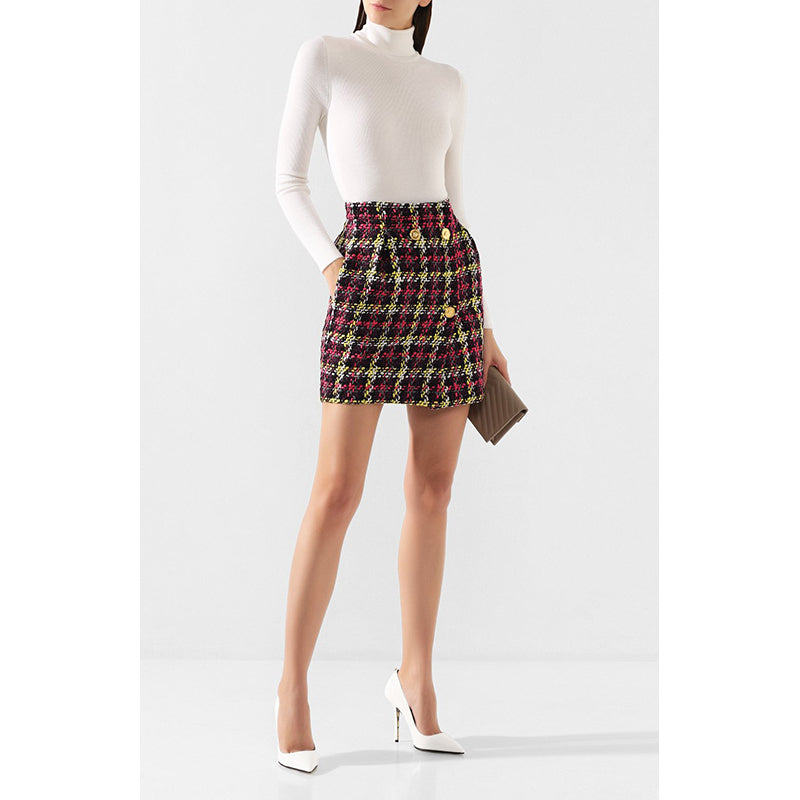 sz 38 NEW $825 VERSACE Red Blue Wool Check RUNWAY TWEED Wrap MEDUSA BUTTON SKIRT