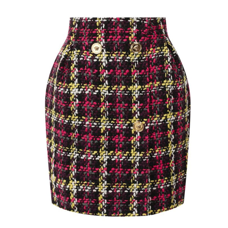 sz 38 NEW $825 VERSACE Red Blue Wool Check RUNWAY TWEED Wrap MEDUSA BUTTON SKIRT