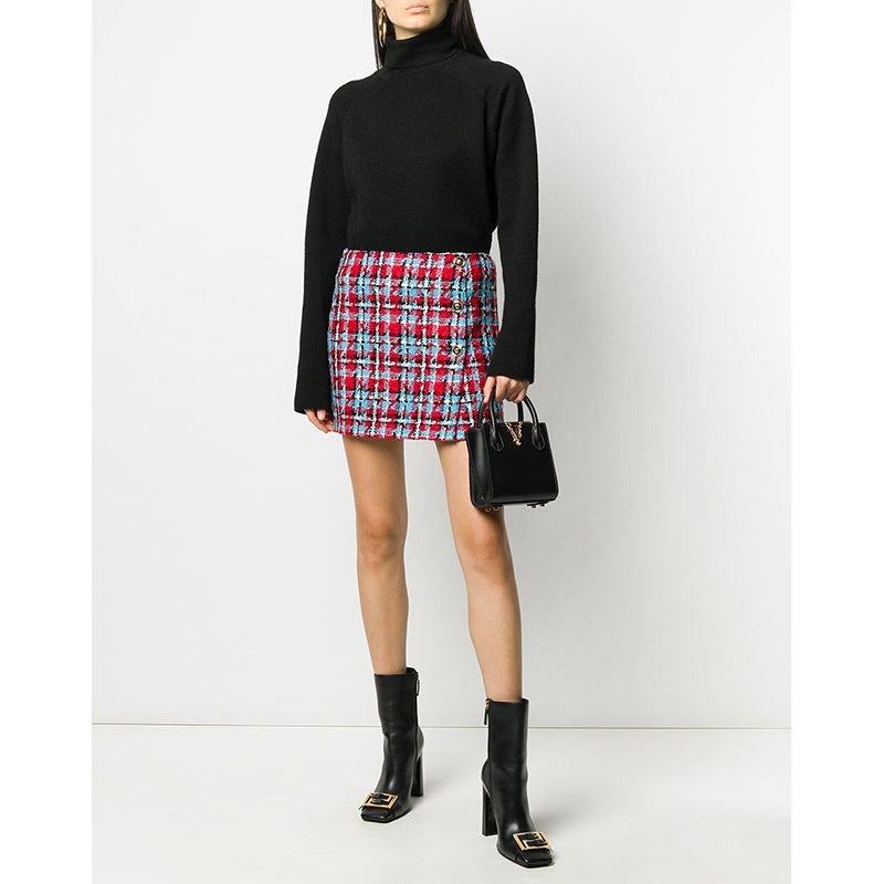 sz 38 NEW $825 VERSACE Red Blue Wool Check RUNWAY TWEED Wrap MEDUSA BUTTON SKIRT