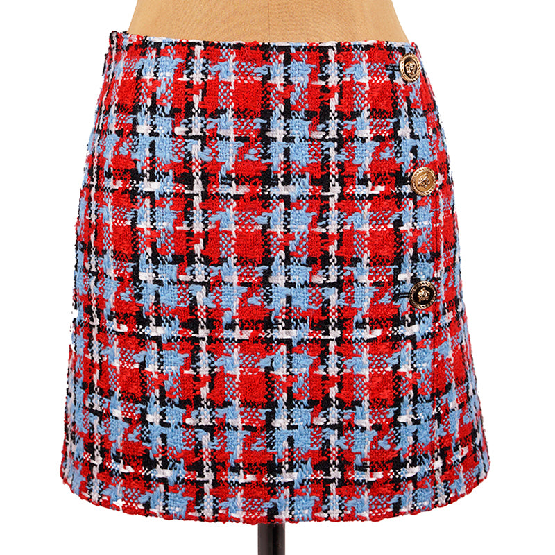 sz 38 NEW $825 VERSACE Red Blue Wool Check RUNWAY TWEED Wrap MEDUSA BUTTON SKIRT