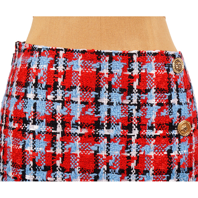 sz 38 NEW $825 VERSACE Red Blue Wool Check RUNWAY TWEED Wrap MEDUSA BUTTON SKIRT