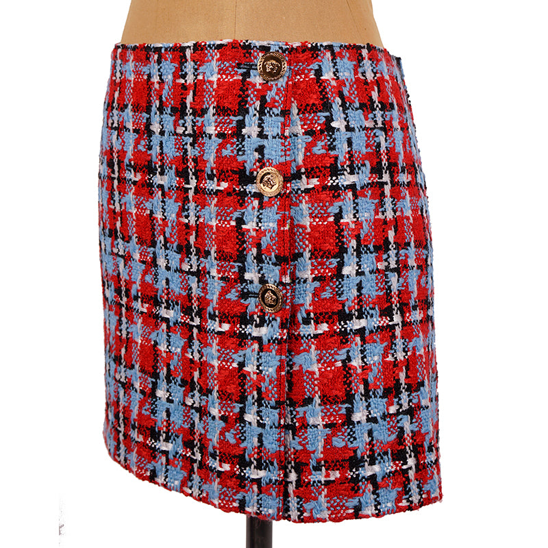 sz 38 NEW $825 VERSACE Red Blue Wool Check RUNWAY TWEED Wrap MEDUSA BUTTON SKIRT