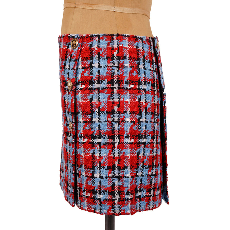 sz 38 NEW $825 VERSACE Red Blue Wool Check RUNWAY TWEED Wrap MEDUSA BUTTON SKIRT