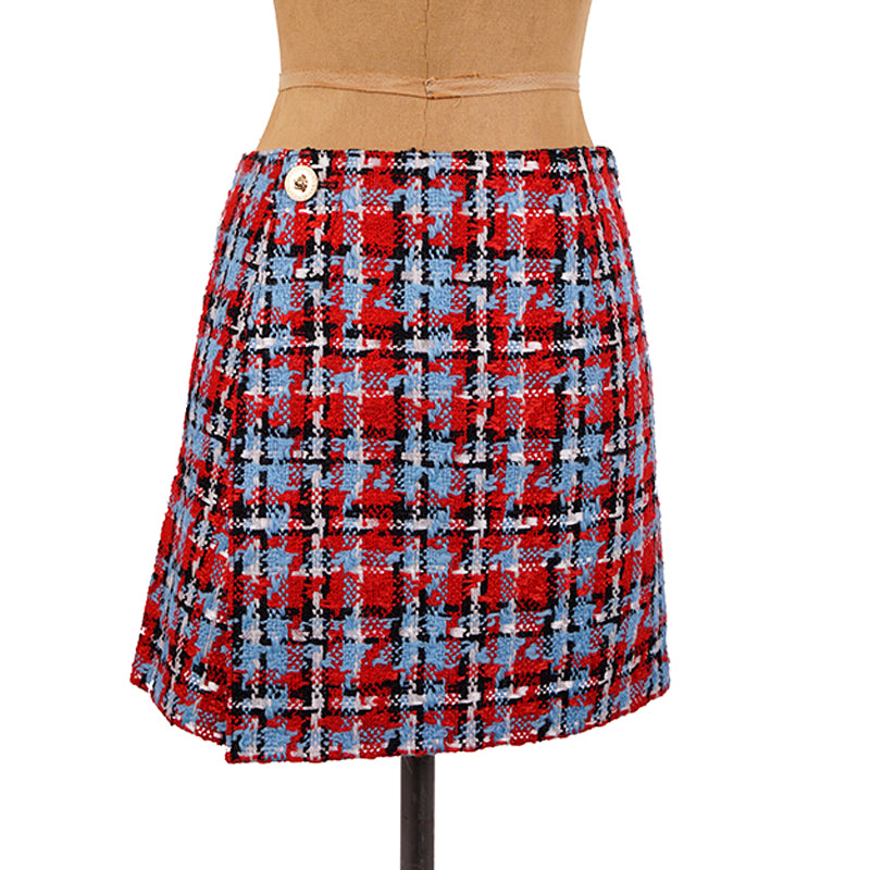 sz 38 NEW $825 VERSACE Red Blue Wool Check RUNWAY TWEED Wrap MEDUSA BUTTON SKIRT