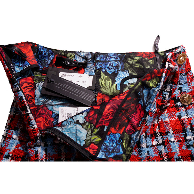 sz 38 NEW $825 VERSACE Red Blue Wool Check RUNWAY TWEED Wrap MEDUSA BUTTON SKIRT
