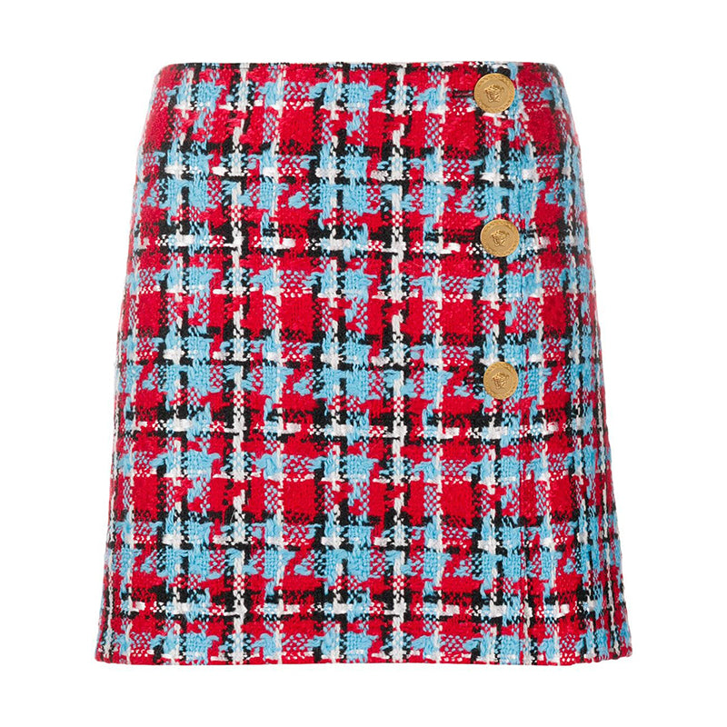 sz 38 NEW $825 VERSACE Red Blue Wool Check RUNWAY TWEED Wrap MEDUSA BUTTON SKIRT