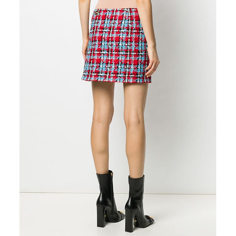 sz 38 NEW $825 VERSACE Red Blue Wool Check RUNWAY TWEED Wrap MEDUSA BUTTON SKIRT