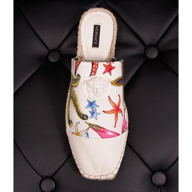 38.5 NEW $495 VERSACE Tresor de la Mer Canvas Leather LA MEDUSA Espadrille MULES