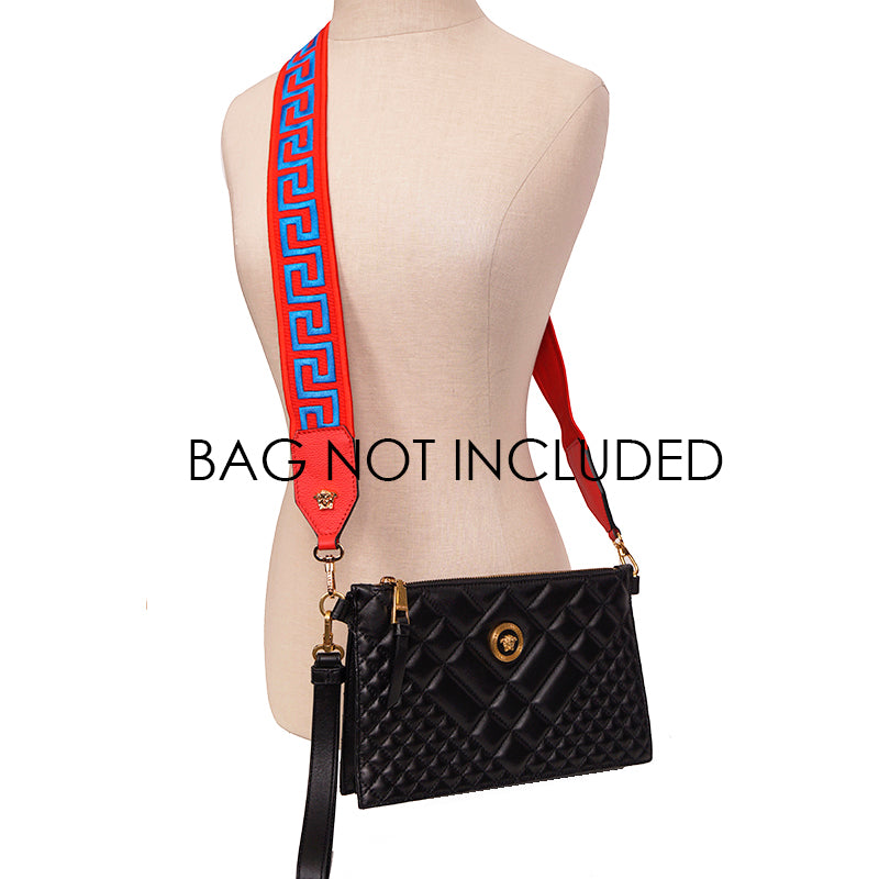 NEW $495 VERSACE Red Nylon Leather LOGO BLUE GRECA Embroidered Medusa BAG STRAP