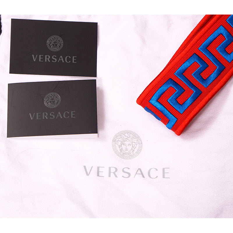 NEW $495 VERSACE Red Nylon Leather LOGO BLUE GRECA Embroidered Medusa BAG STRAP