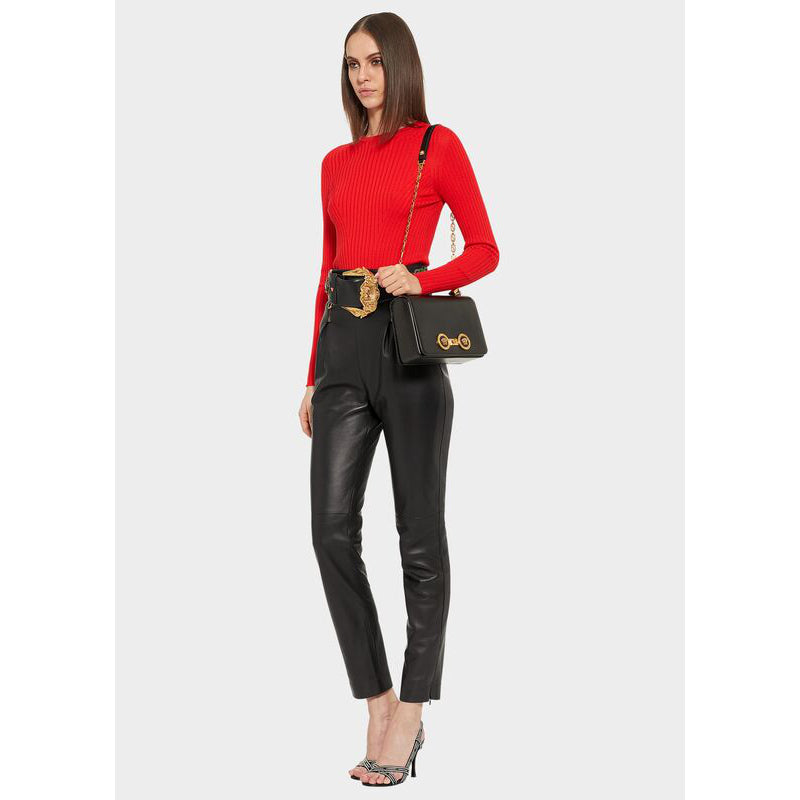 SZ 46 NEW $875 VERSACE Red Wool GOLD LOGO MEDUSA BUTTONS Rib SWEATER KNIT TOP