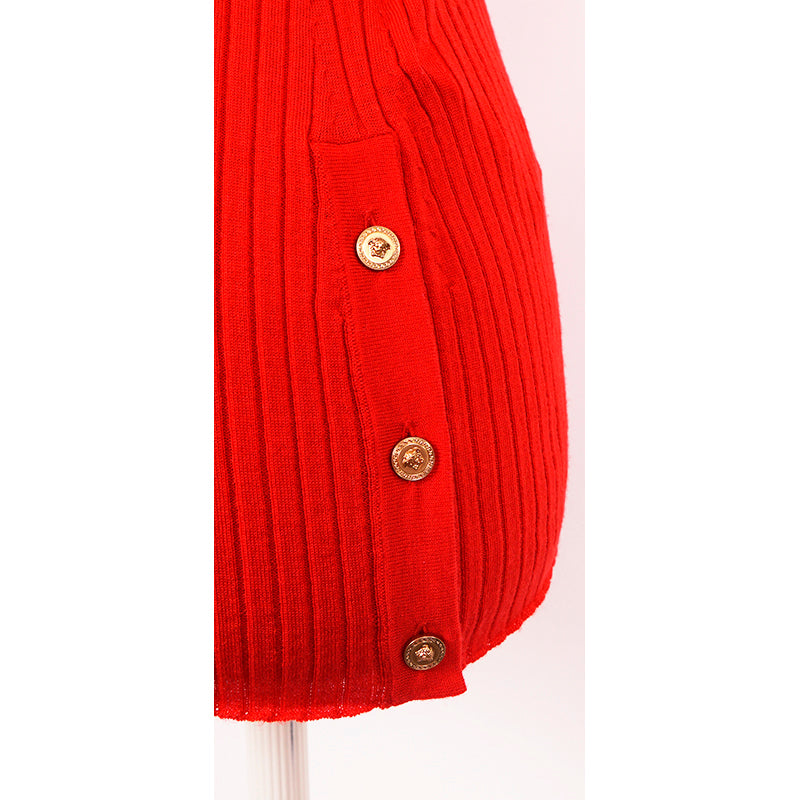 SZ 46 NEW $875 VERSACE Red Wool GOLD LOGO MEDUSA BUTTONS Rib SWEATER KNIT TOP