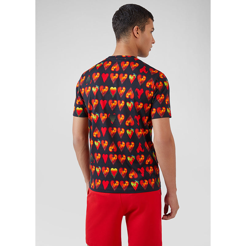 sz S NEW $650 VERSACE Mens Black 100% Cotton Red Heart RUNWAY Print Crew Neck T-SHIRT