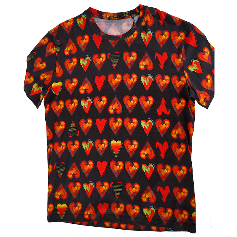 sz S NEW $650 VERSACE Mens Black 100% Cotton Red Heart RUNWAY Print Crew Neck T-SHIRT