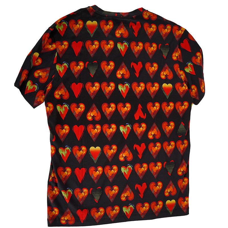 sz S NEW $650 VERSACE Mens Black 100% Cotton Red Heart RUNWAY Print Crew Neck T-SHIRT