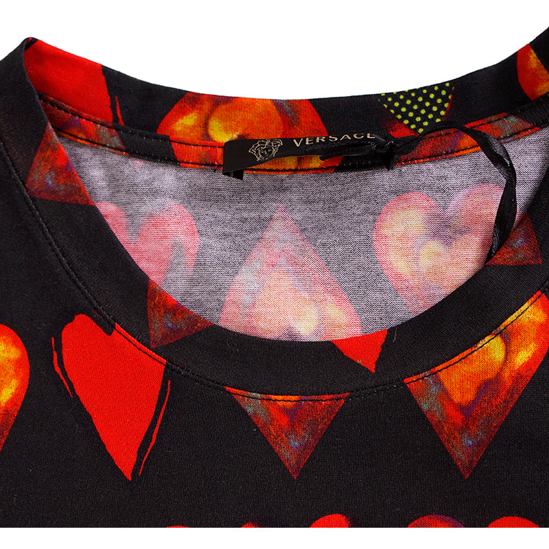 sz S NEW $650 VERSACE Mens Black 100% Cotton Red Heart RUNWAY Print Crew Neck T-SHIRT