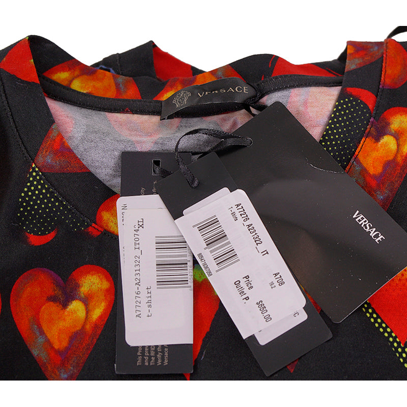 sz S NEW $650 VERSACE Mens Black 100% Cotton Red Heart RUNWAY Print Crew Neck T-SHIRT