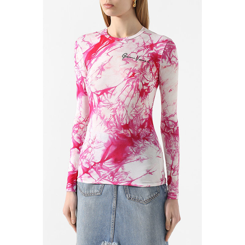 sz 42 NEW $675 VERSACE RUNWAY Pink TIE DYE Signature LOGO Jersey Soft KNIT TOP