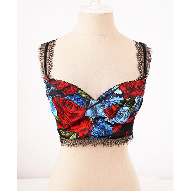 38 NEW $750 VERSACE Blue Floral Roses Silk RUNWAY PRINT Lace BRALETTE CORSET TOP