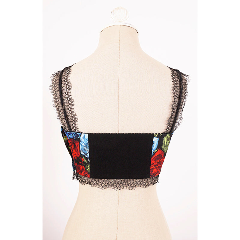 38 NEW $750 VERSACE Blue Floral Roses Silk RUNWAY PRINT Lace BRALETTE CORSET TOP