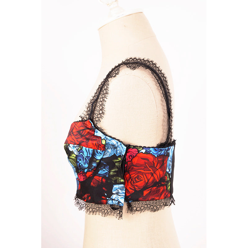 38 NEW $750 VERSACE Blue Floral Roses Silk RUNWAY PRINT Lace BRALETTE CORSET TOP