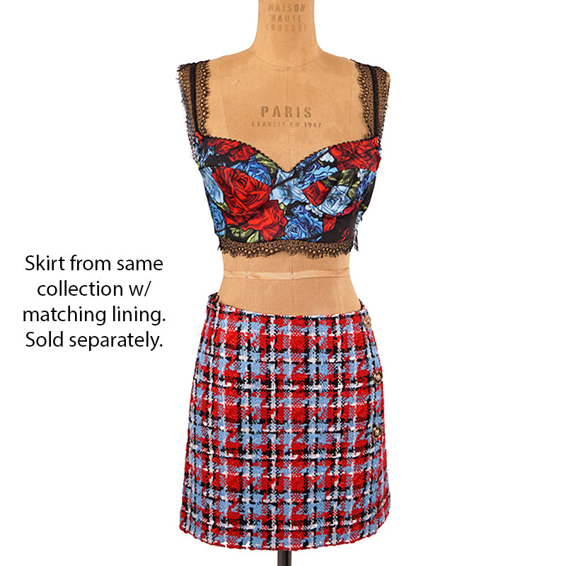 38 NEW $750 VERSACE Blue Floral Roses Silk RUNWAY PRINT Lace BRALETTE CORSET TOP