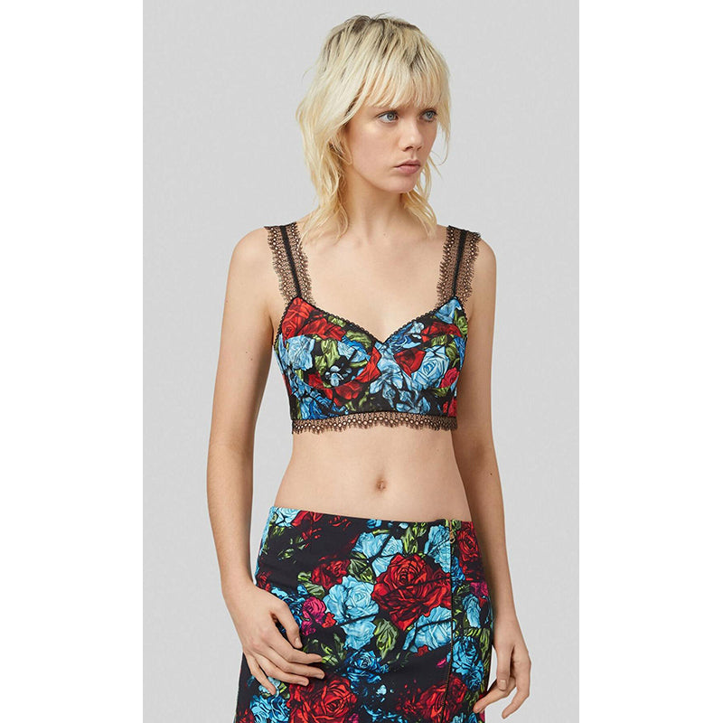 38 NEW $750 VERSACE Blue Floral Roses Silk RUNWAY PRINT Lace BRALETTE CORSET TOP