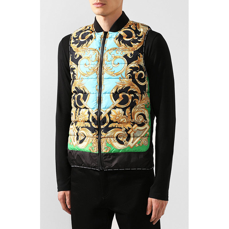 M & L NEW $1425 VERSACE Men's Black GOLD BAROQUE MEDUSA PRINT Sporty Quilted VEST