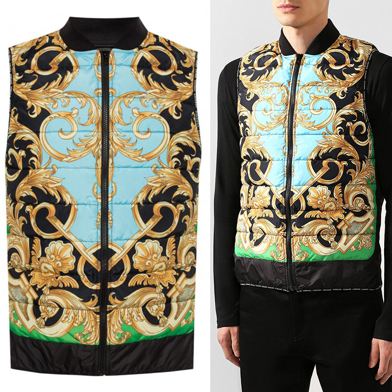 M & L NEW $1425 VERSACE Men's Black GOLD BAROQUE MEDUSA PRINT Sporty Quilted VEST