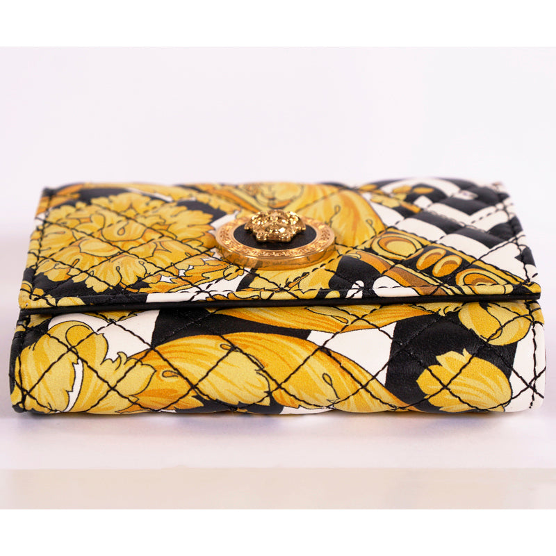 NEW $675 VERSACE Tribute Yellow SAVAGE BAROCCO Quilted Leather FRENCH WALLET NIB