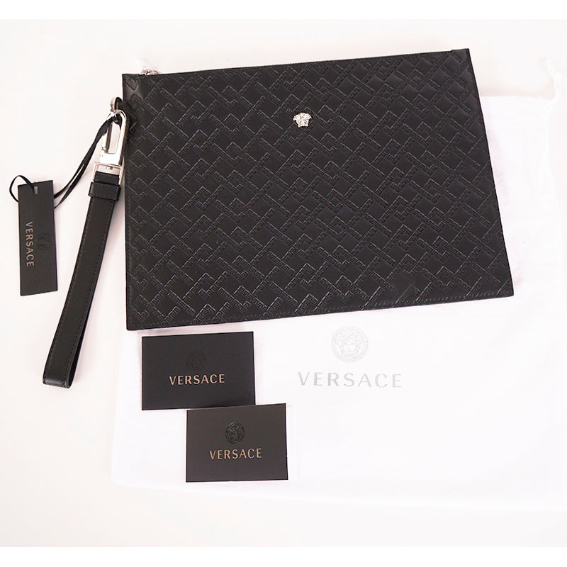 NEW $1095 VERSACE Black GREEK EMBOSSED Leather MEDUSA LOGO Wristlet CLUTCH BAG