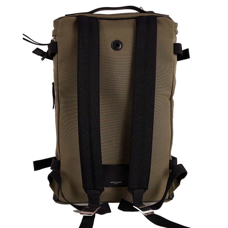 NEW $1090 SAINT LAURENT Army Khaki Green RIVINGTON Black Leather BACKPACK BAG
