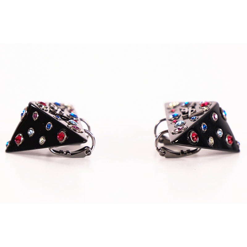 NEW $495 SAINT LAURENT 80's Crystal Black Triangle OPYUM YSL LOGO Clip EARRINGS